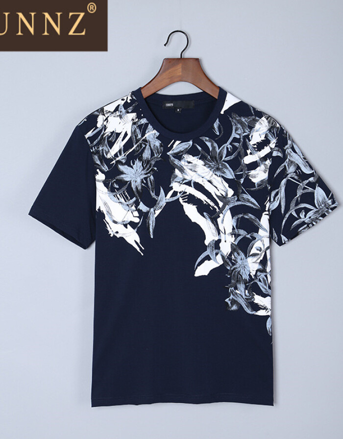 HUNNZ 2016年時(shí)尚專柜產(chǎn)品植物花卉印花圓領(lǐng)修身短T 潮男打底 黑色 170